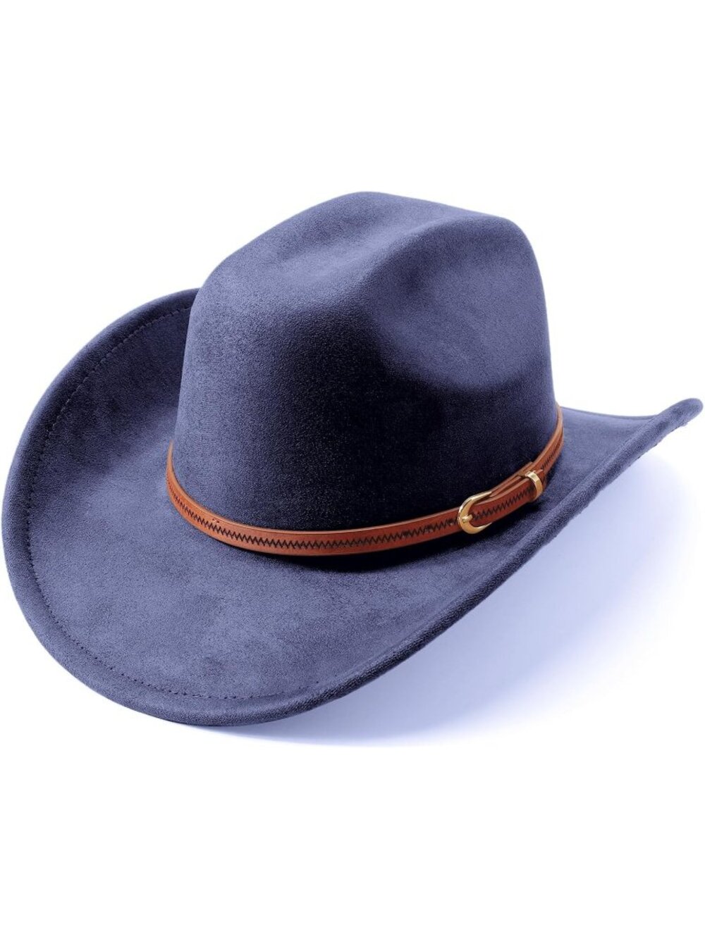 Unisex Navy Blue Felt Wide Brim Fedora Belt Buckle Retro Western Cowboy Hat